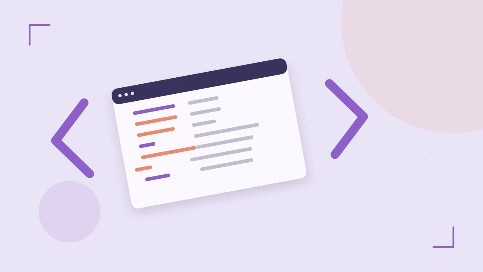 Editorial illustration of an abstract code editor, syntax blocks and oversized programming brackets