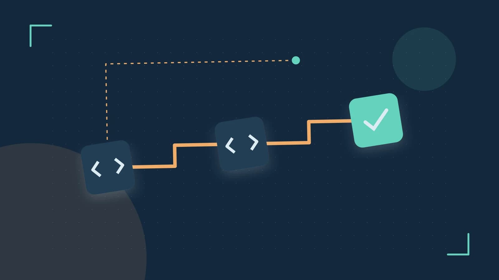 Editorial illustration of a branching build pipeline, staged transformations and a completed check