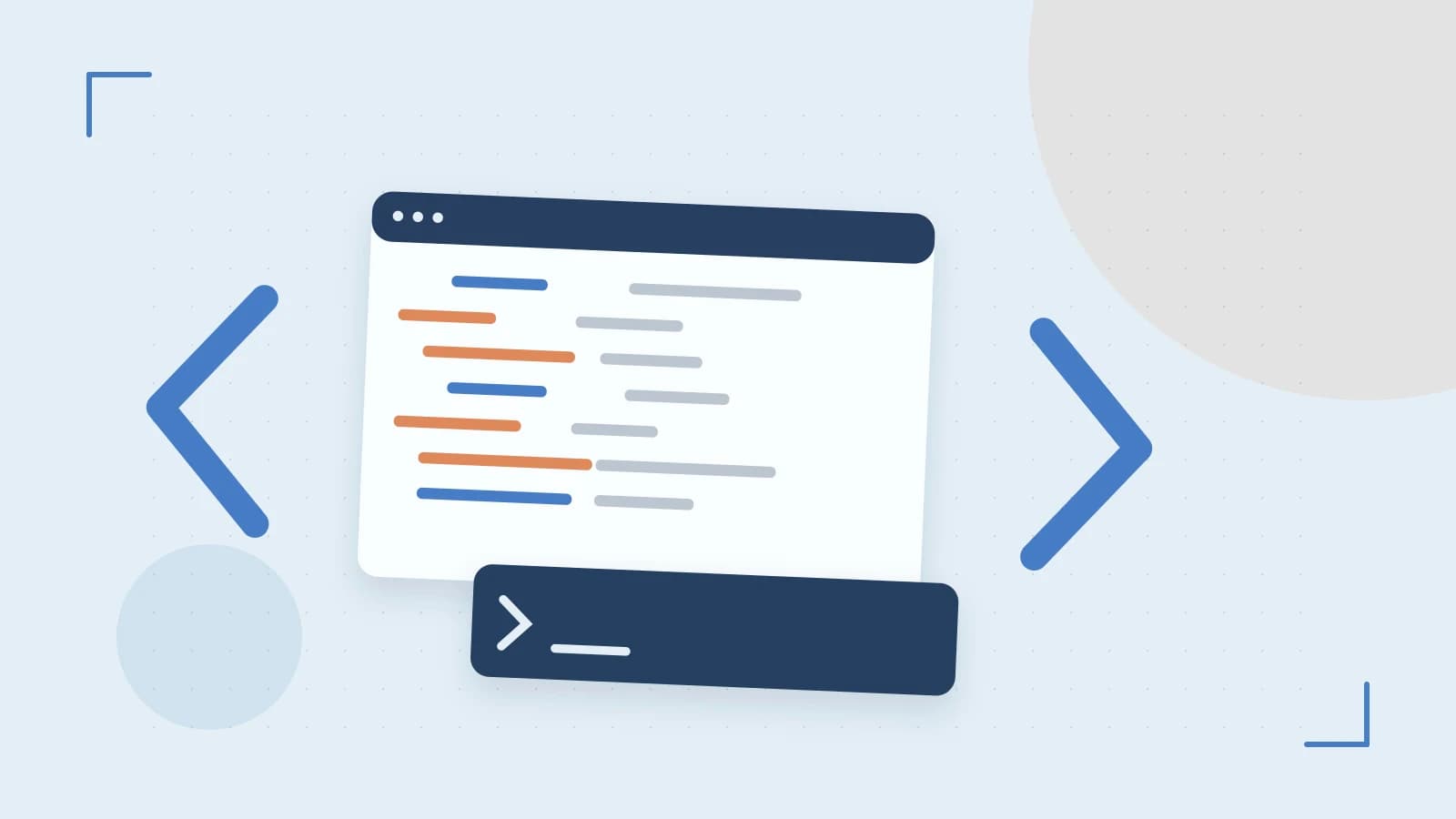 Editorial illustration of an abstract code editor, syntax blocks and oversized programming brackets