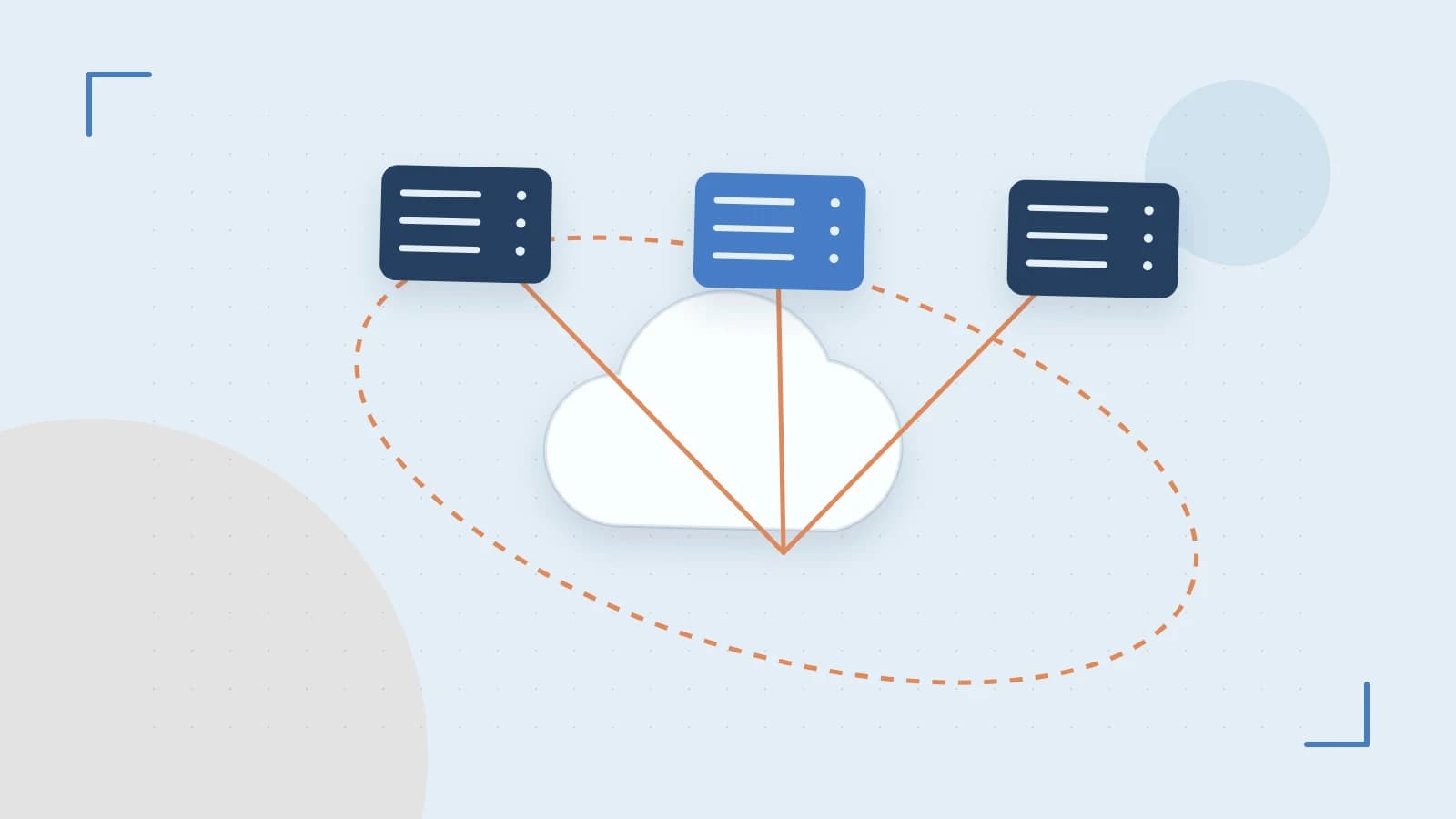 Editorial illustration of cloud infrastructure, connected server racks and an orbital service map