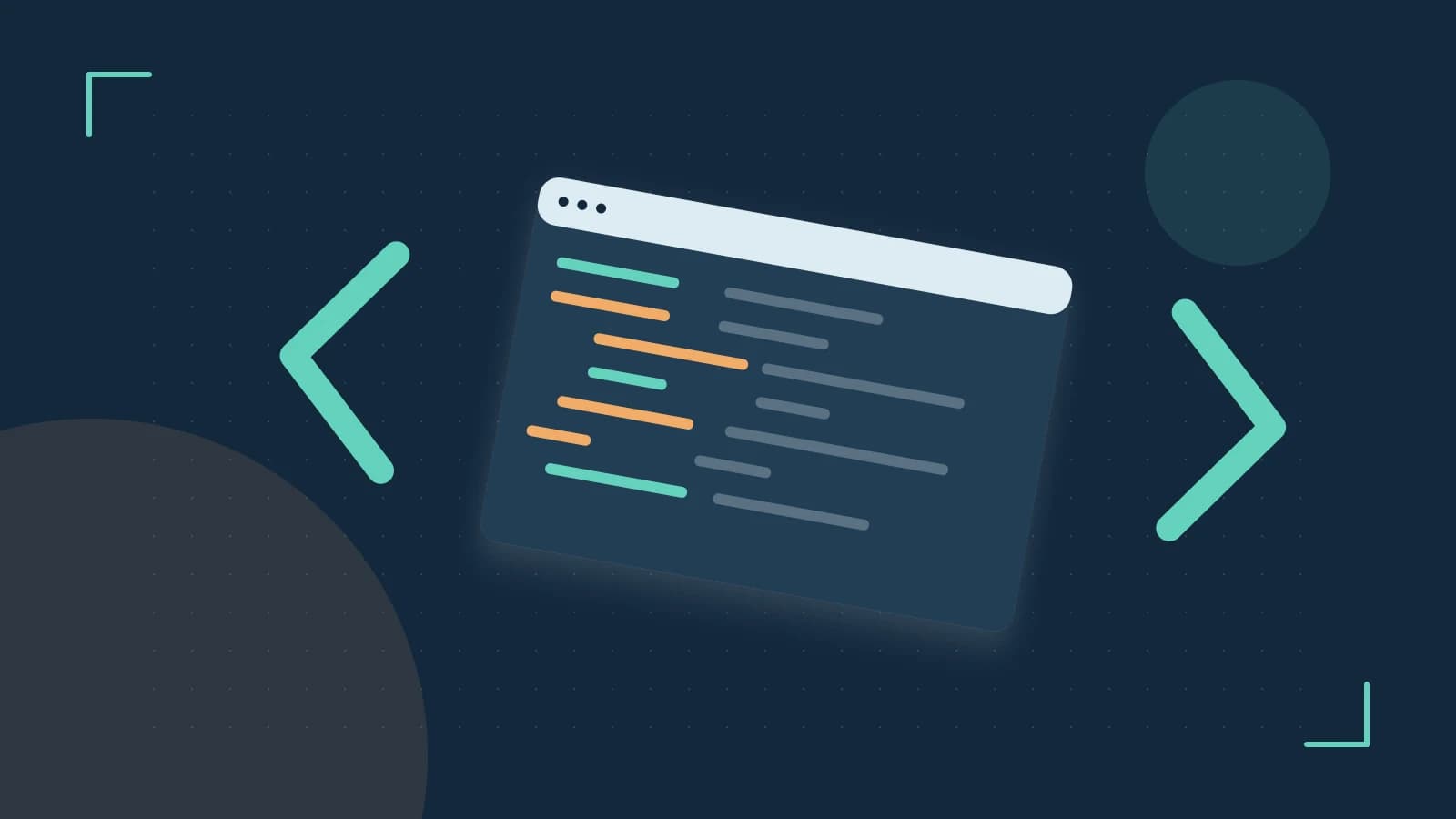 Editorial illustration of an abstract code editor, syntax blocks and oversized programming brackets