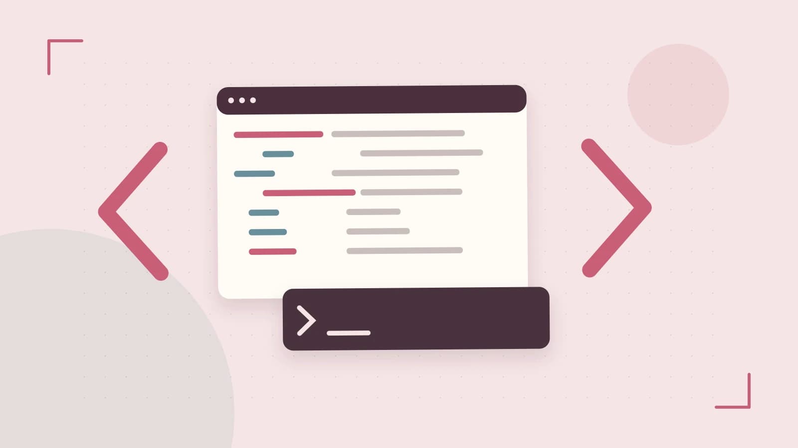 Editorial illustration of an abstract code editor, syntax blocks and oversized programming brackets
