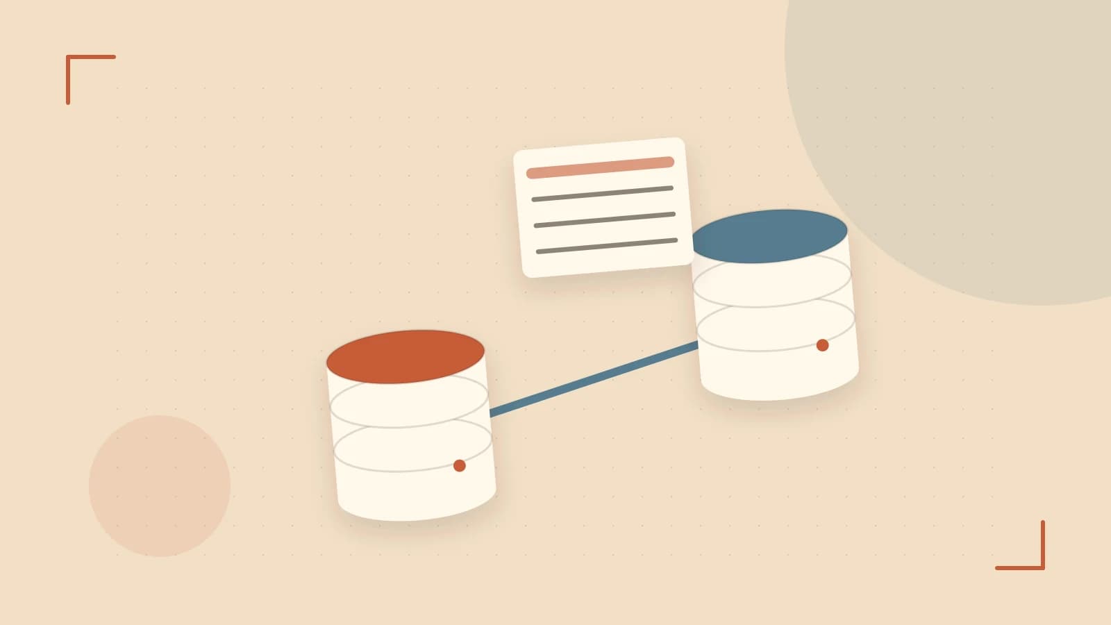 Editorial illustration of structured records, database cylinders and relationships between tables