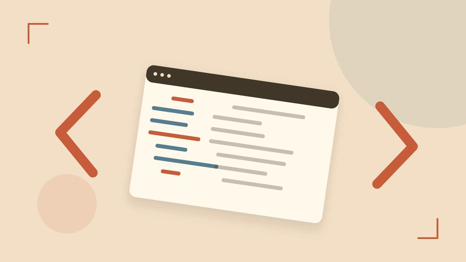 Editorial illustration of an abstract code editor, syntax blocks and oversized programming brackets