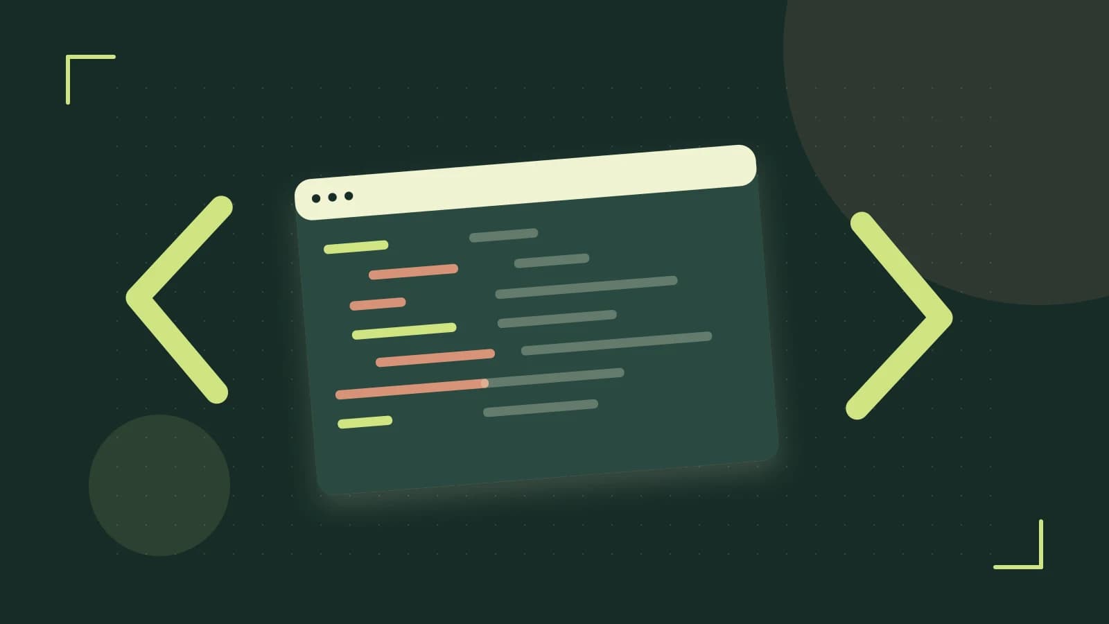 Editorial illustration of an abstract code editor, syntax blocks and oversized programming brackets