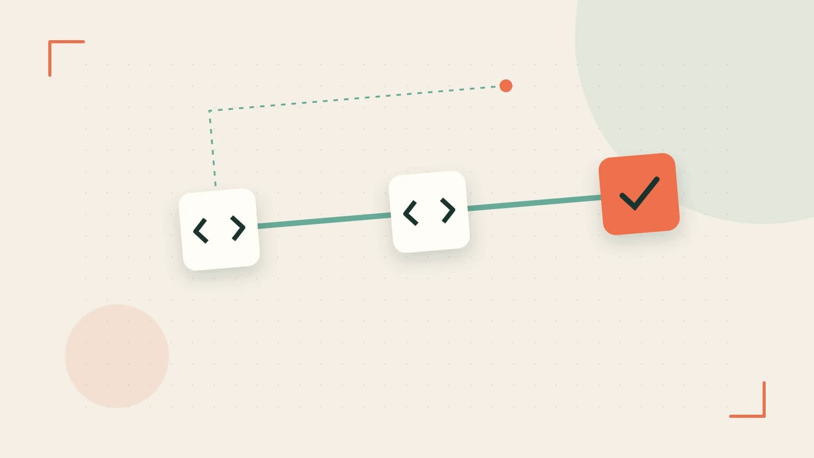 Editorial illustration of a branching build pipeline, staged transformations and a completed check