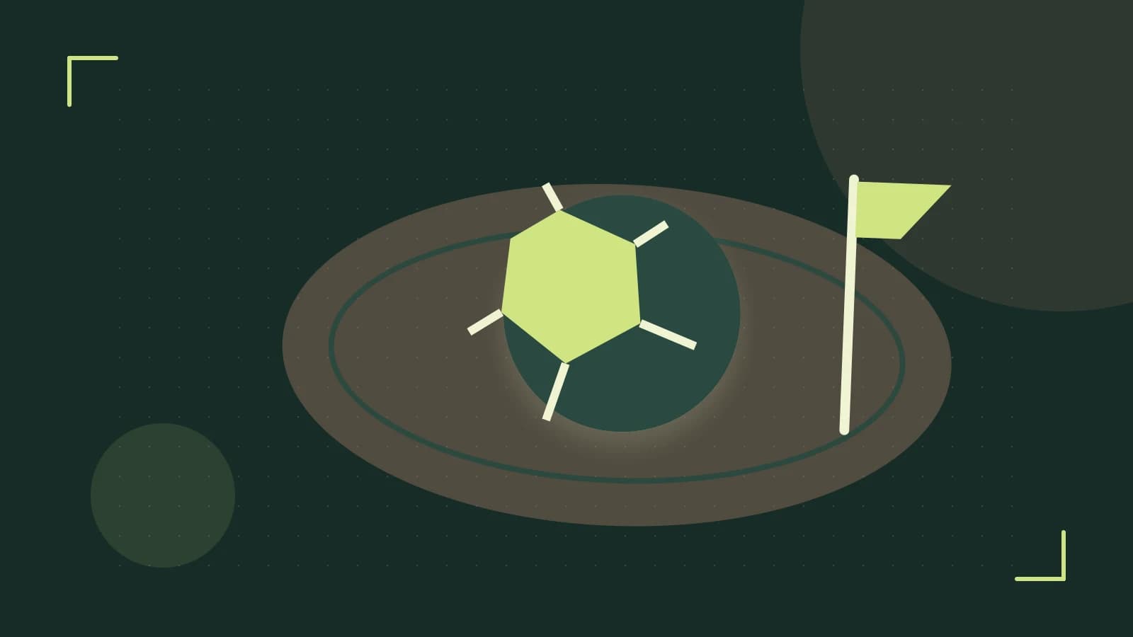 Editorial illustration of a stylized sports ball, stadium geometry and dynamic arcs