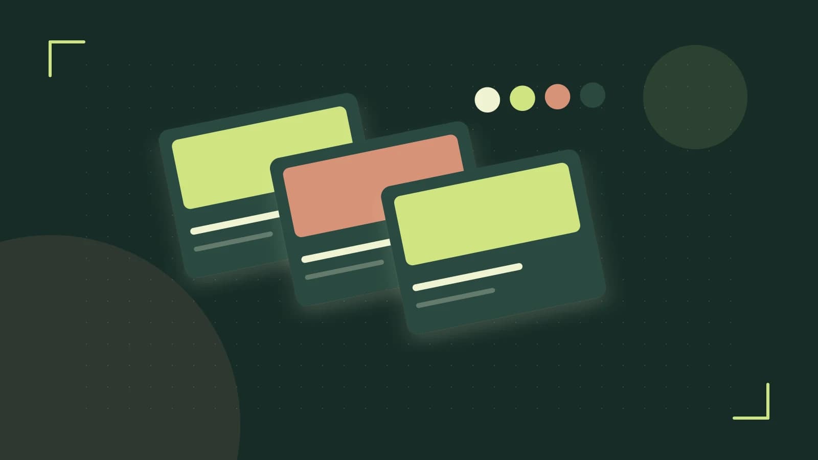 Editorial illustration of responsive browser layouts, overlapping design components and a color system