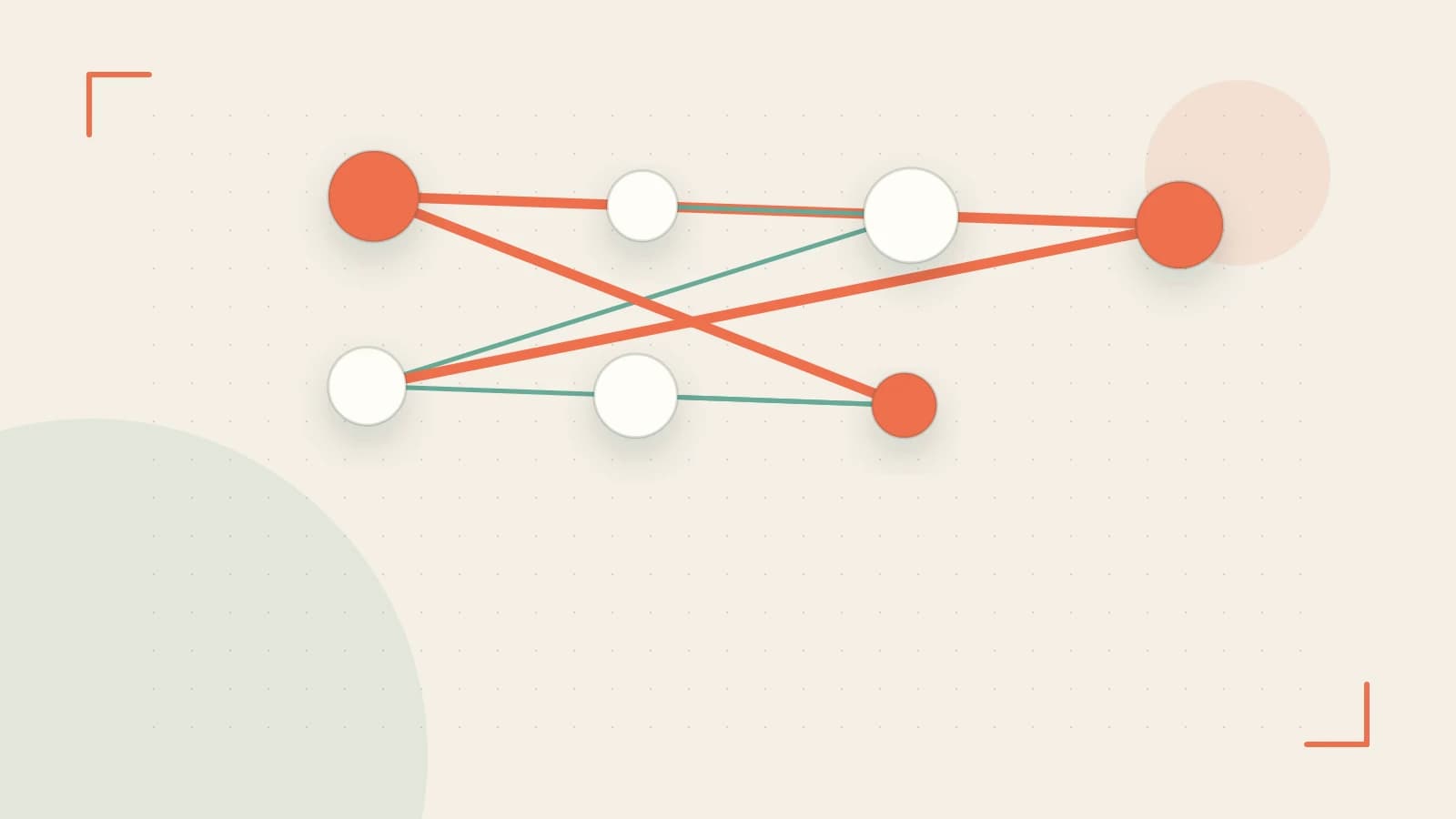 Editorial illustration of an algorithmic node graph with branching paths and a highlighted result