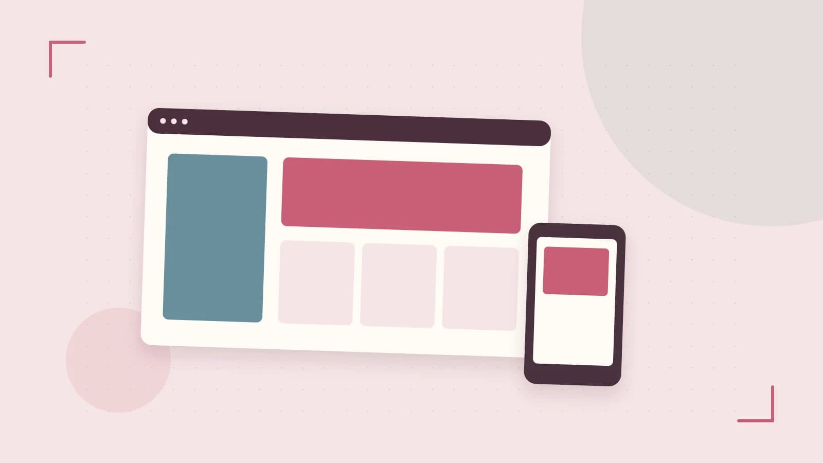Editorial illustration of responsive browser layouts, overlapping design components and a color system