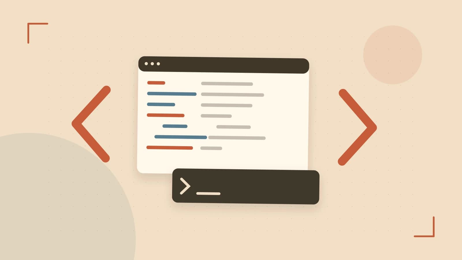 Editorial illustration of an abstract code editor, syntax blocks and oversized programming brackets