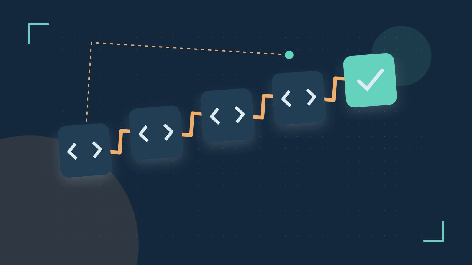 Editorial illustration of a branching build pipeline, staged transformations and a completed check