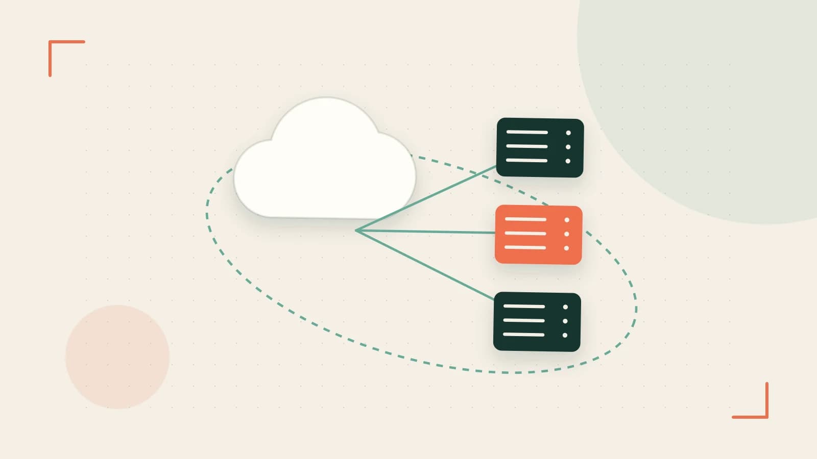 Editorial illustration of cloud infrastructure, connected server racks and an orbital service map