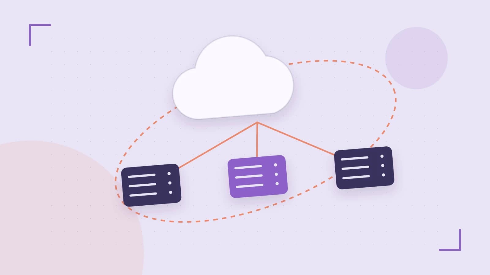 Editorial illustration of cloud infrastructure, connected server racks and an orbital service map