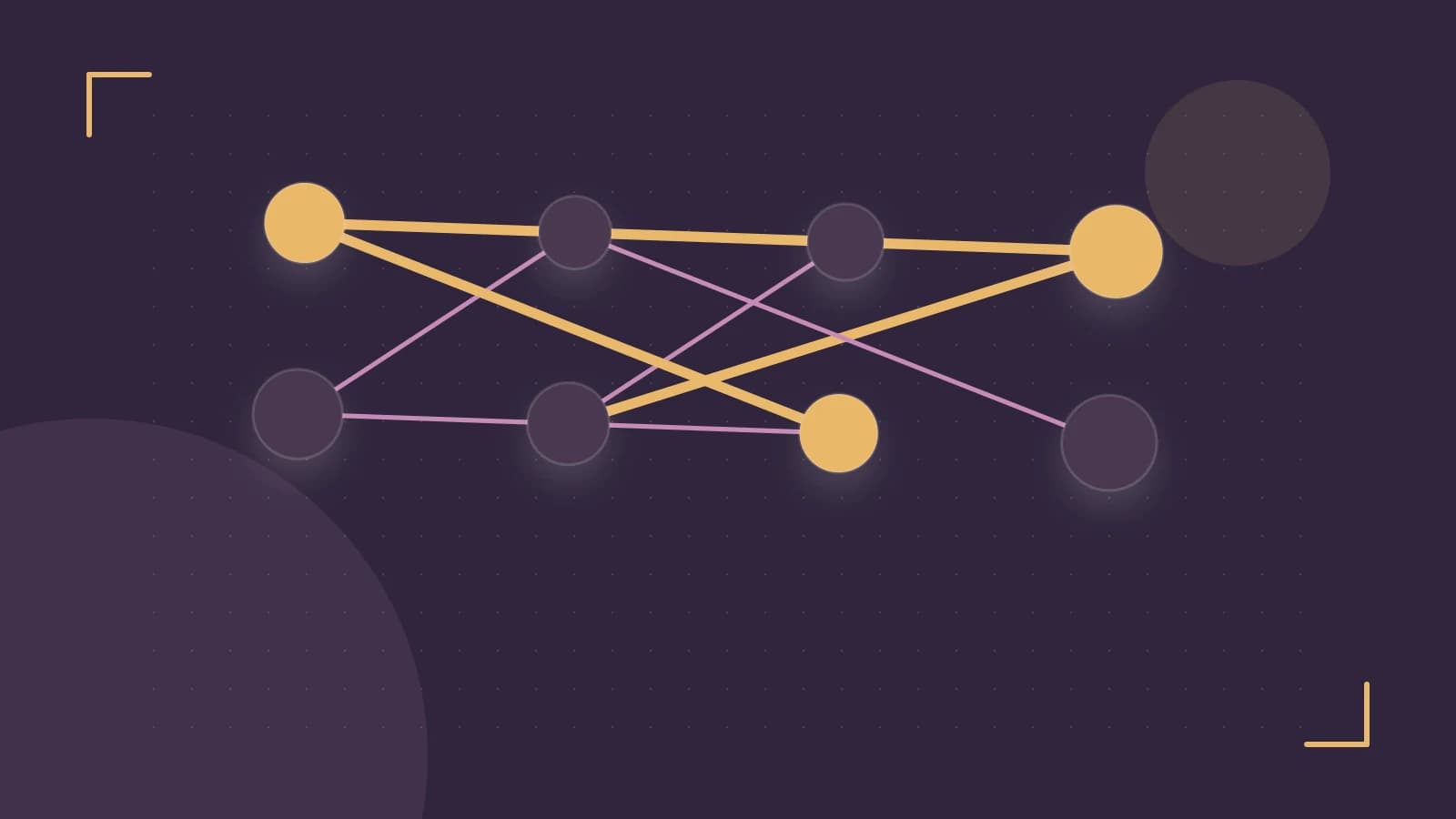 Editorial illustration of an algorithmic node graph with branching paths and a highlighted result