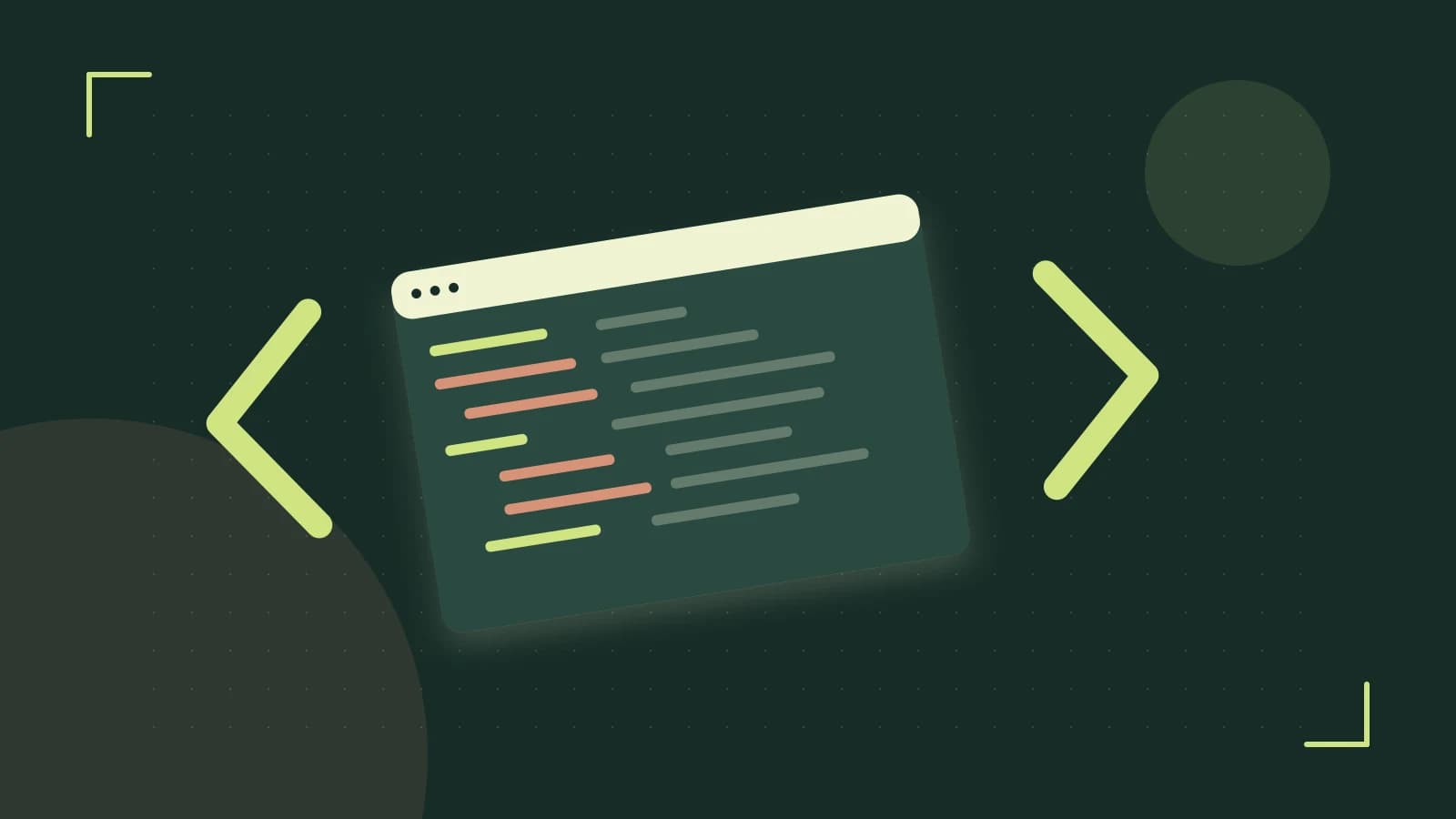 Editorial illustration of an abstract code editor, syntax blocks and oversized programming brackets