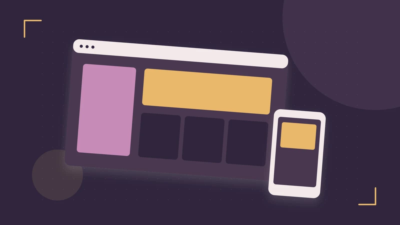 Editorial illustration of responsive browser layouts, overlapping design components and a color system