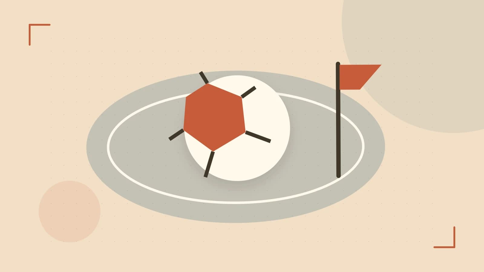 Editorial illustration of a stylized sports ball, stadium geometry and dynamic arcs