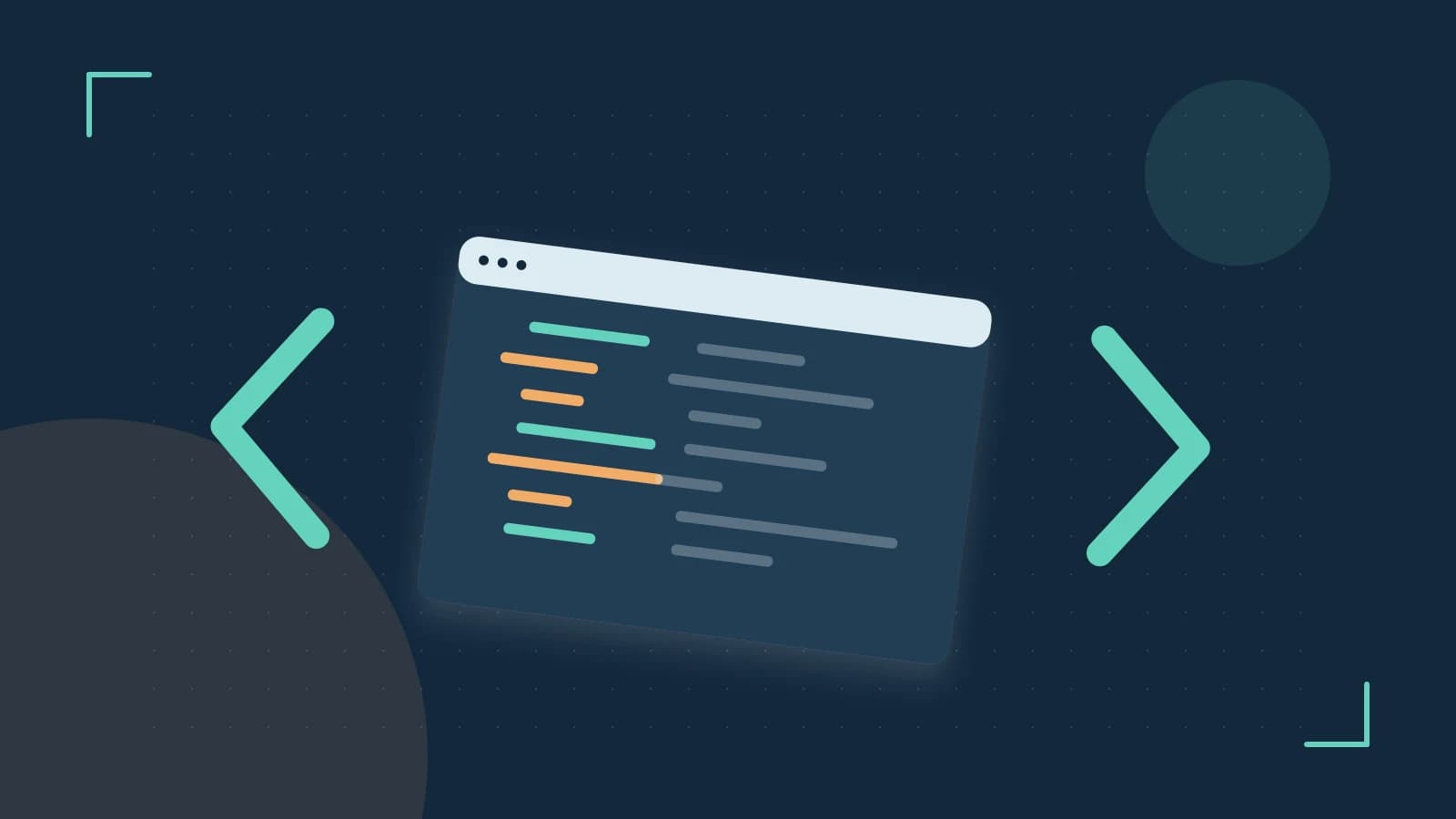 Editorial illustration of an abstract code editor, syntax blocks and oversized programming brackets