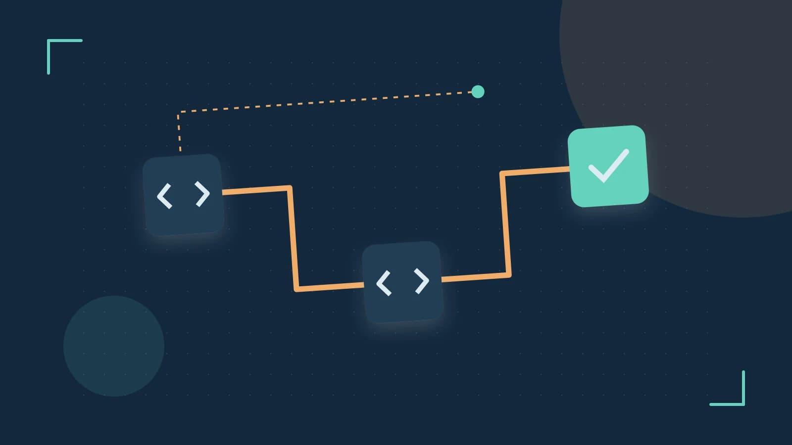 Editorial illustration of a branching build pipeline, staged transformations and a completed check