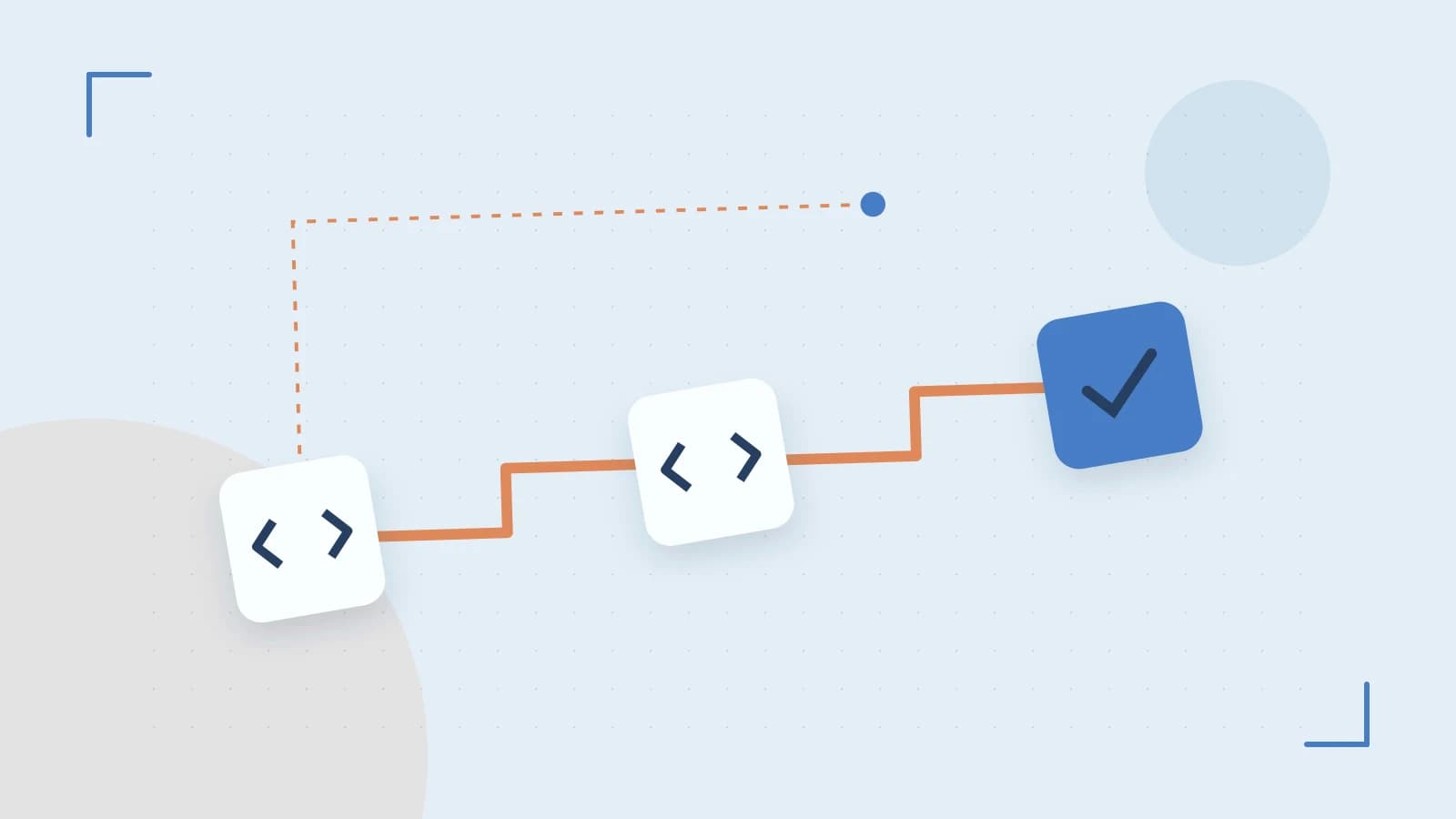 Editorial illustration of a branching build pipeline, staged transformations and a completed check