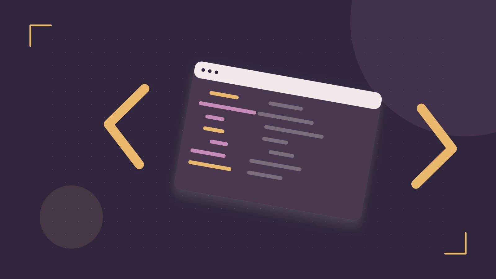 Editorial illustration of an abstract code editor, syntax blocks and oversized programming brackets