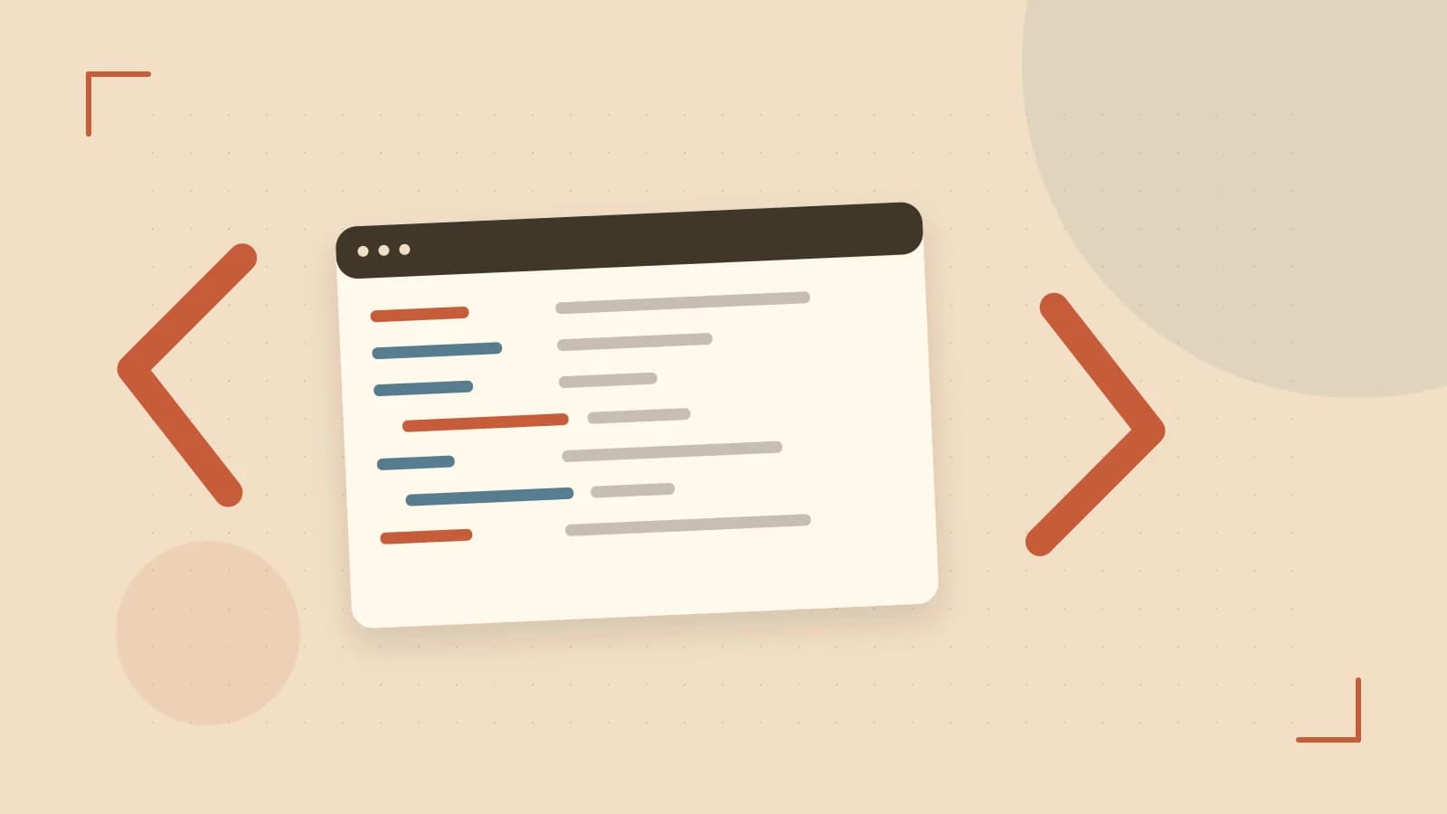 Editorial illustration of an abstract code editor, syntax blocks and oversized programming brackets