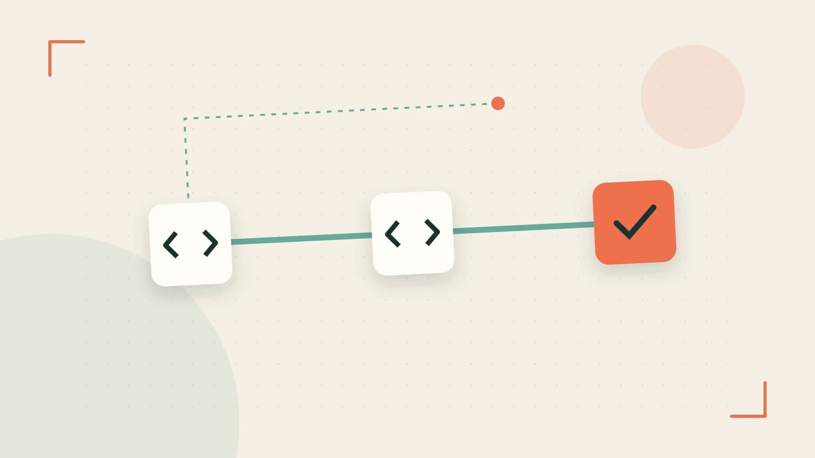 Editorial illustration of a branching build pipeline, staged transformations and a completed check