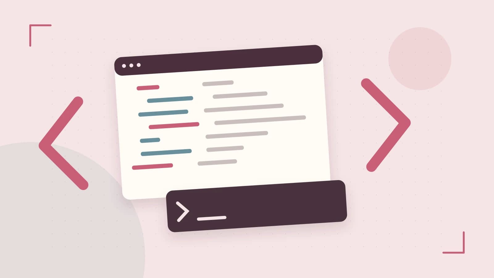 Editorial illustration of an abstract code editor, syntax blocks and oversized programming brackets
