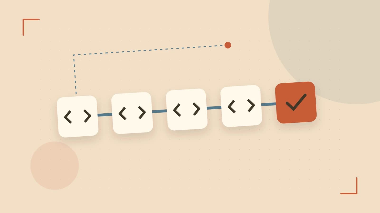 Editorial illustration of a branching build pipeline, staged transformations and a completed check