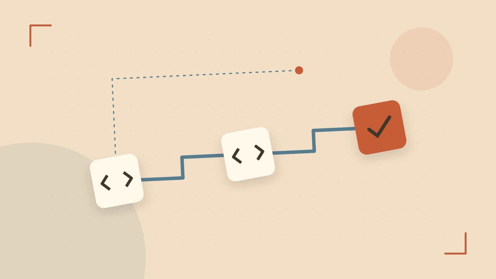 Editorial illustration of a branching build pipeline, staged transformations and a completed check