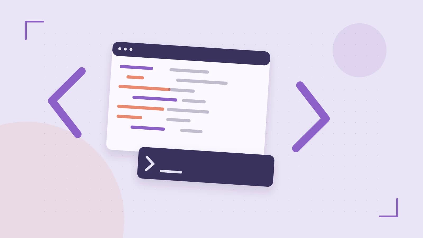 Editorial illustration of an abstract code editor, syntax blocks and oversized programming brackets