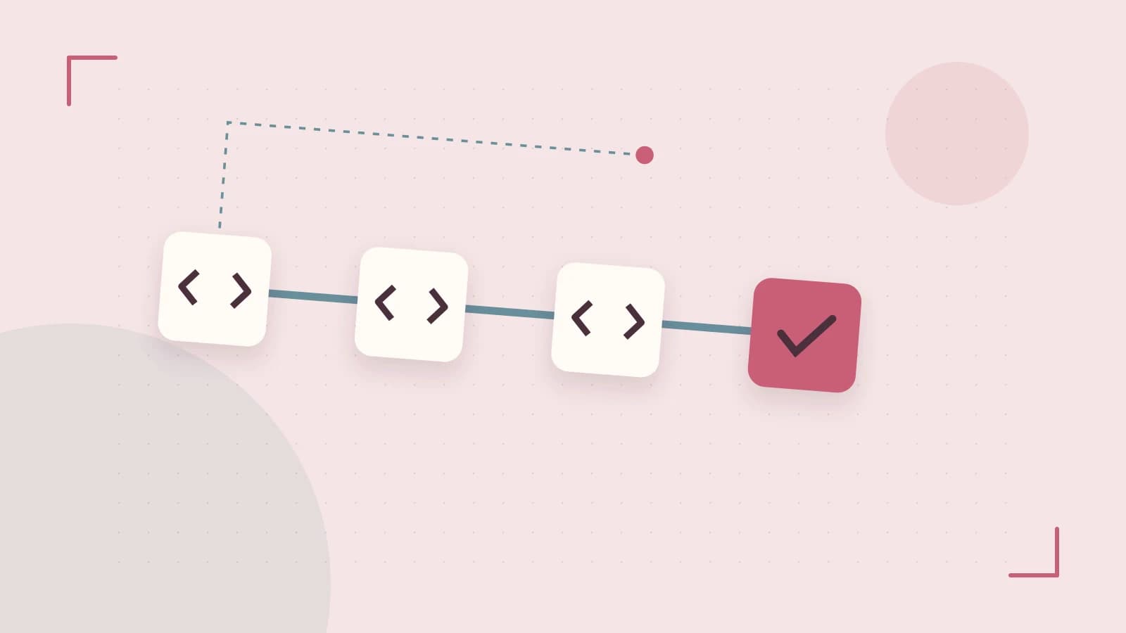 Editorial illustration of a branching build pipeline, staged transformations and a completed check