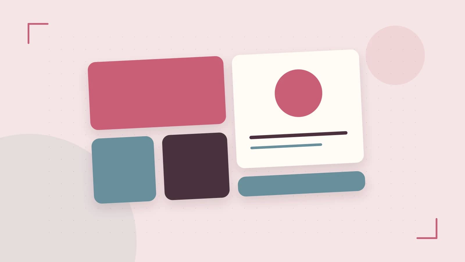 Editorial illustration of responsive browser layouts, overlapping design components and a color system