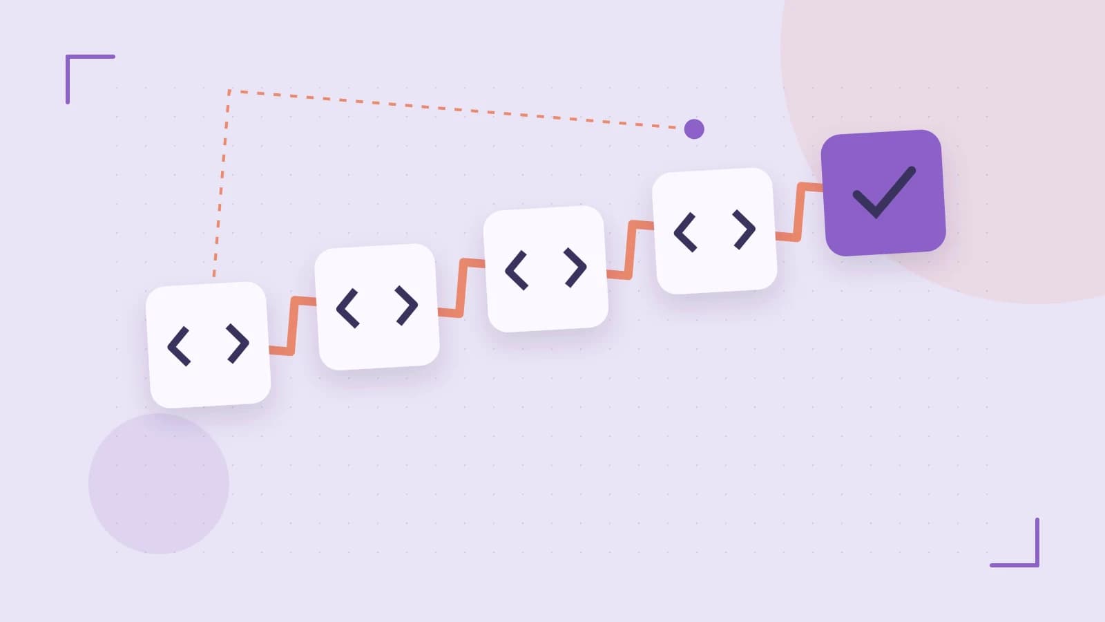 Editorial illustration of a branching build pipeline, staged transformations and a completed check