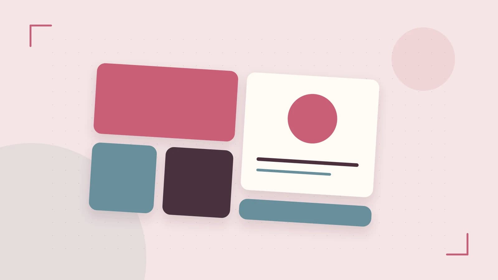 Editorial illustration of responsive browser layouts, overlapping design components and a color system
