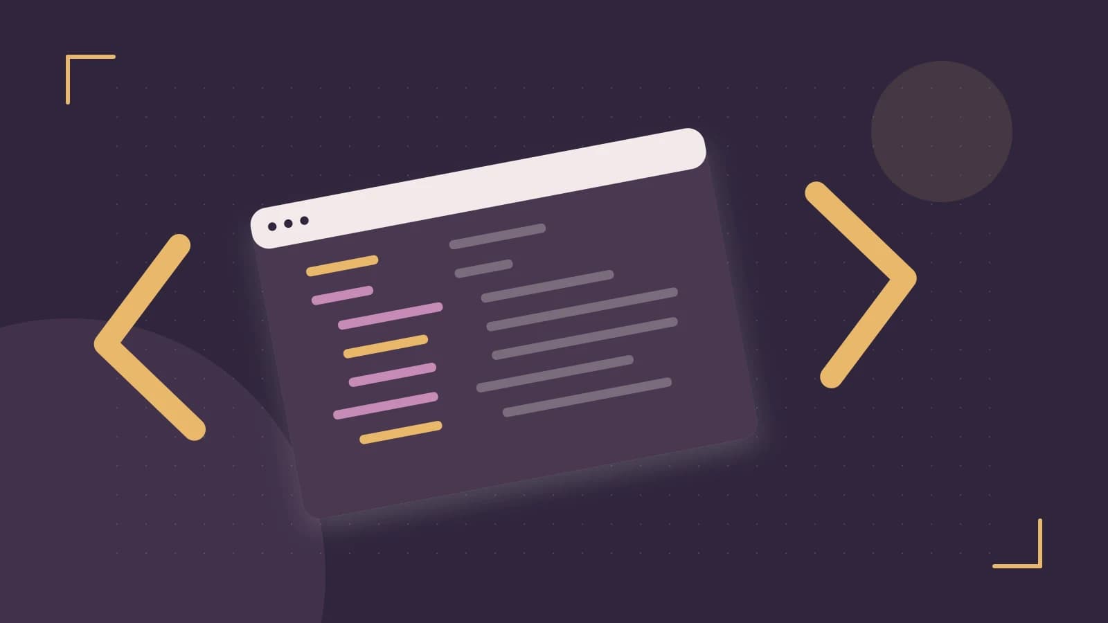 Editorial illustration of an abstract code editor, syntax blocks and oversized programming brackets