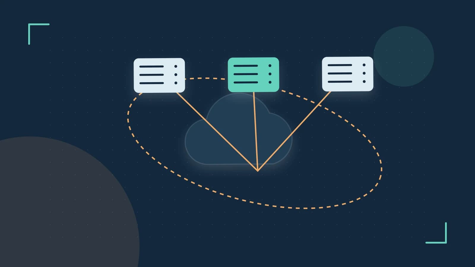 Editorial illustration of cloud infrastructure, connected server racks and an orbital service map