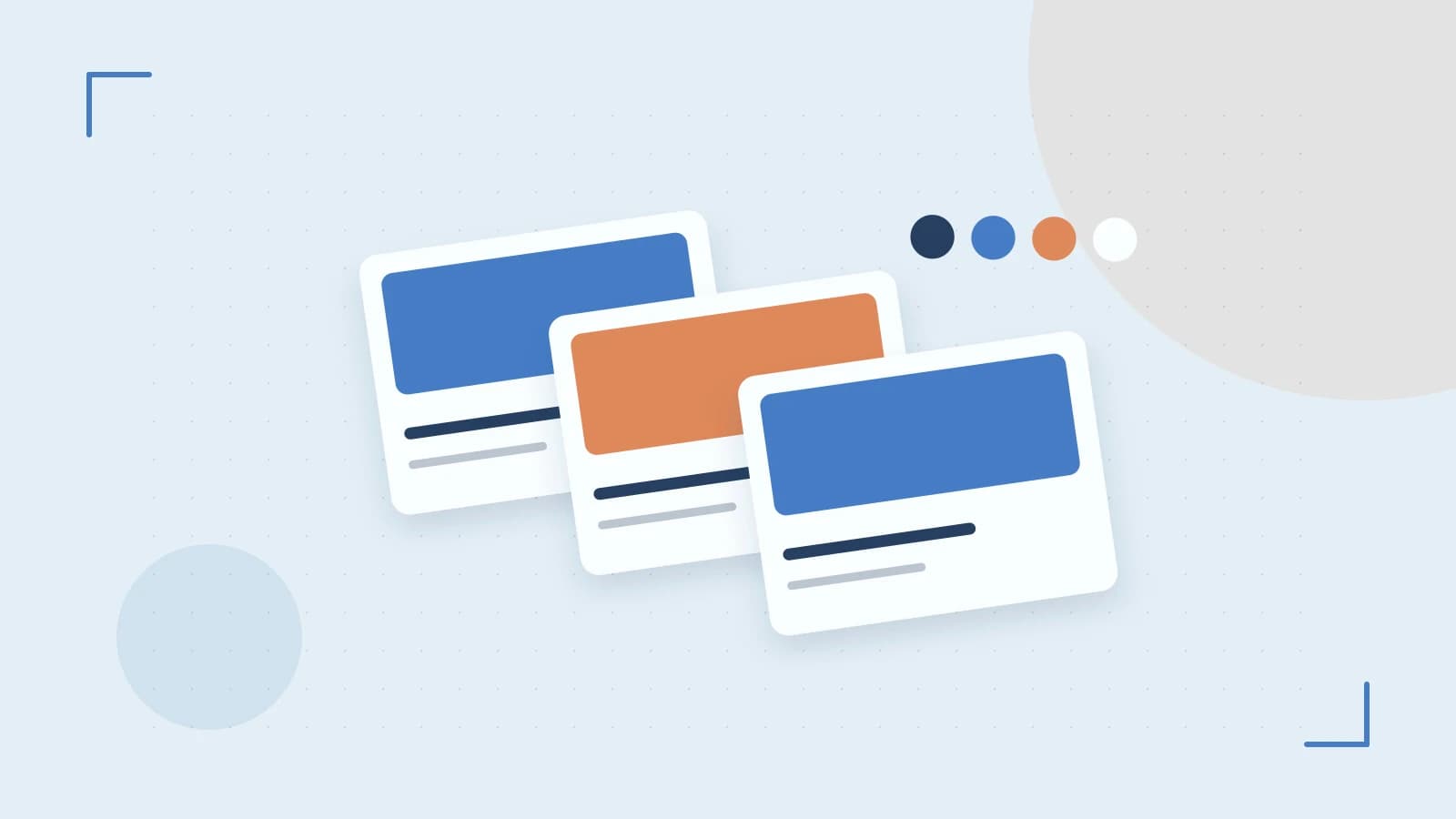 Editorial illustration of responsive browser layouts, overlapping design components and a color system