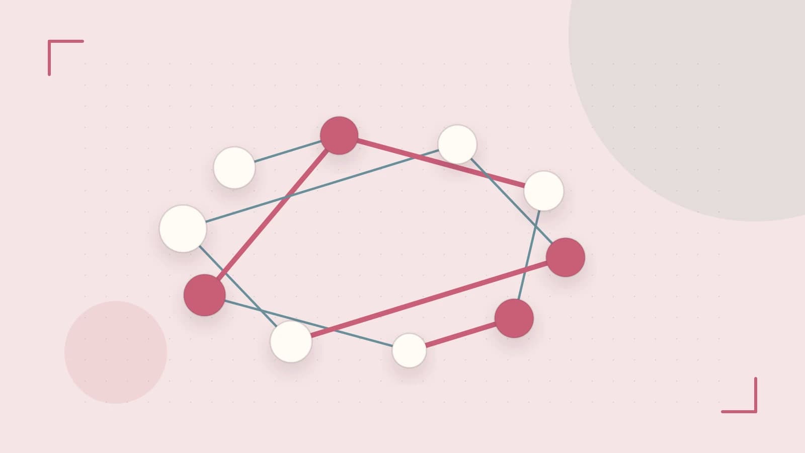 Editorial illustration of an algorithmic node graph with branching paths and a highlighted result