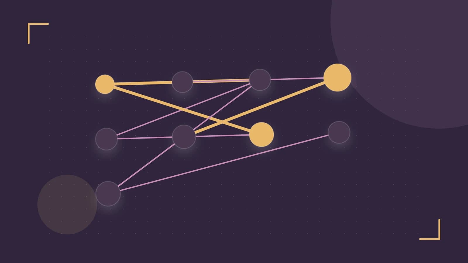 Editorial illustration of an algorithmic node graph with branching paths and a highlighted result