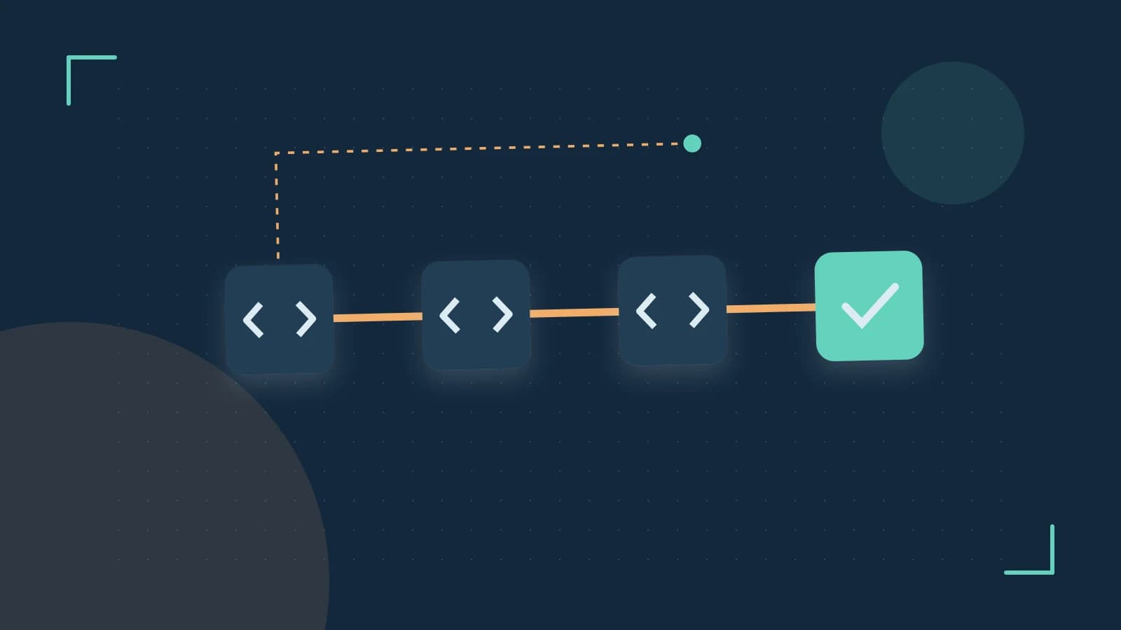 Editorial illustration of a branching build pipeline, staged transformations and a completed check