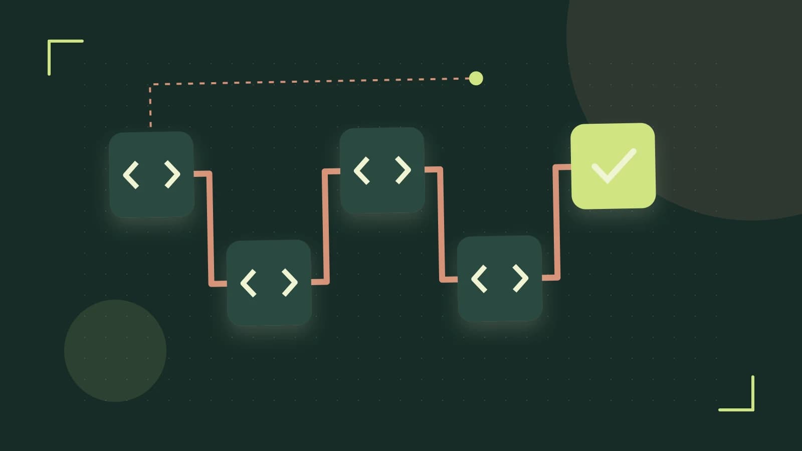 Editorial illustration of a branching build pipeline, staged transformations and a completed check