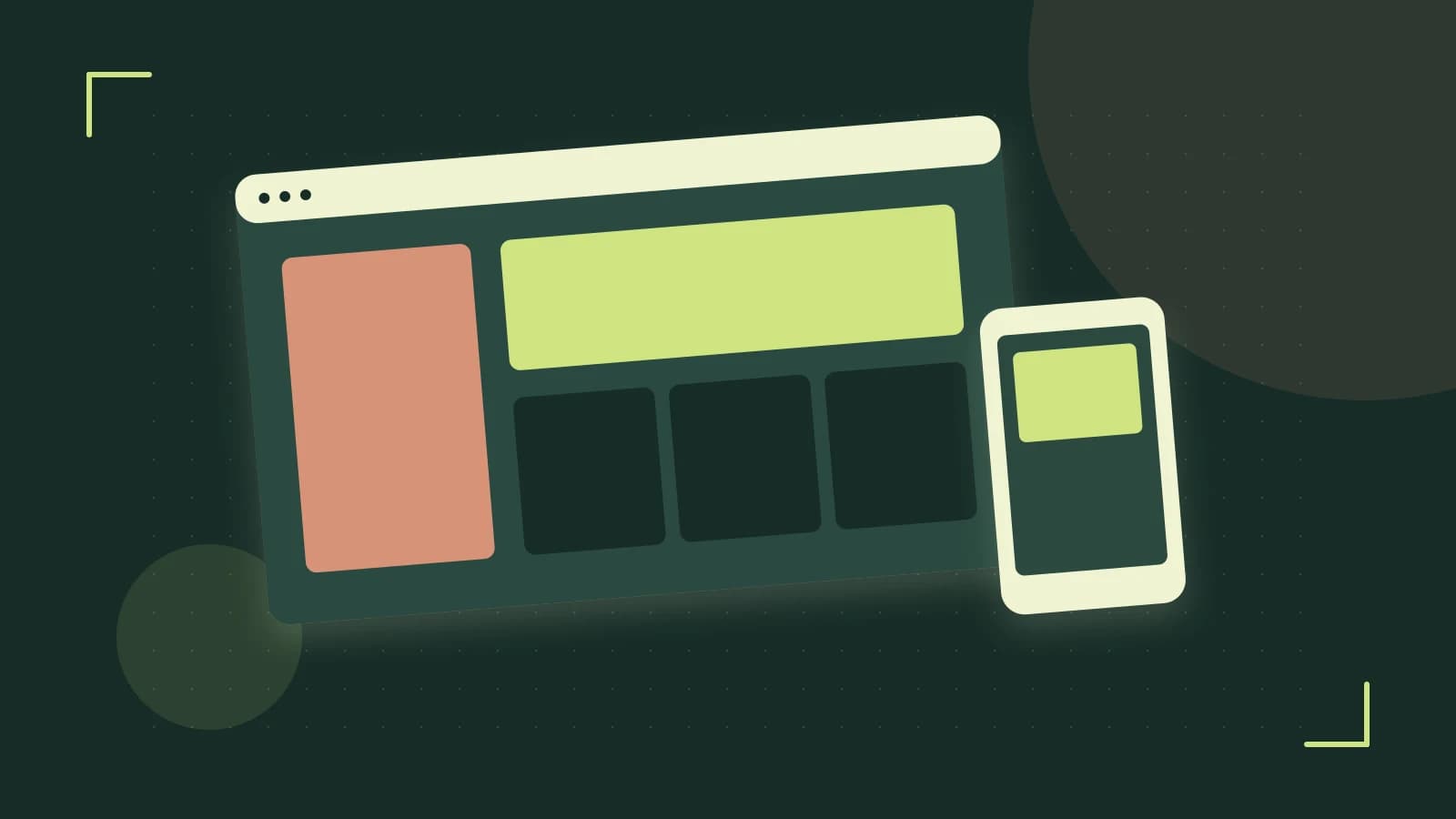 Editorial illustration of responsive browser layouts, overlapping design components and a color system