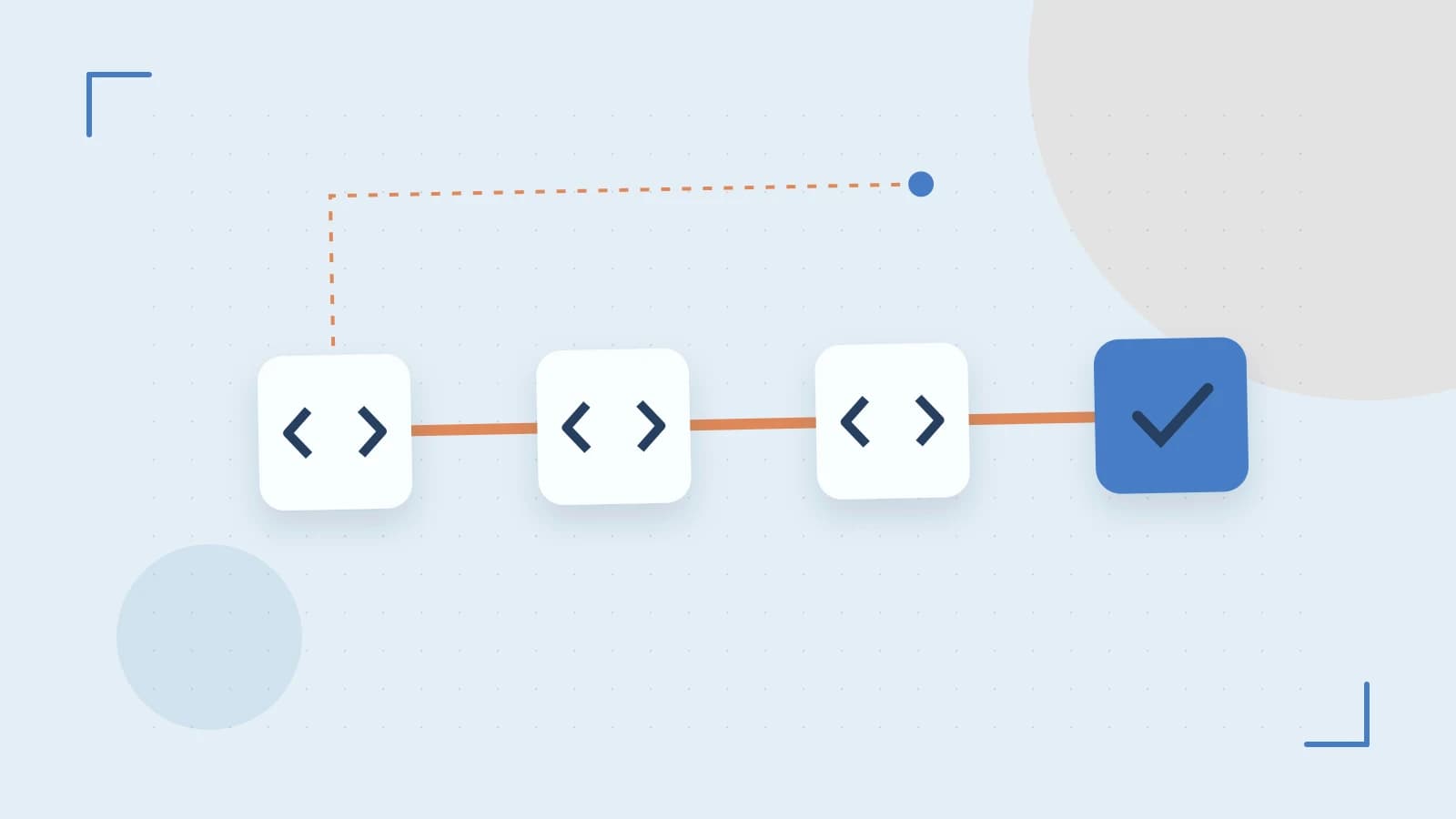 Editorial illustration of a branching build pipeline, staged transformations and a completed check