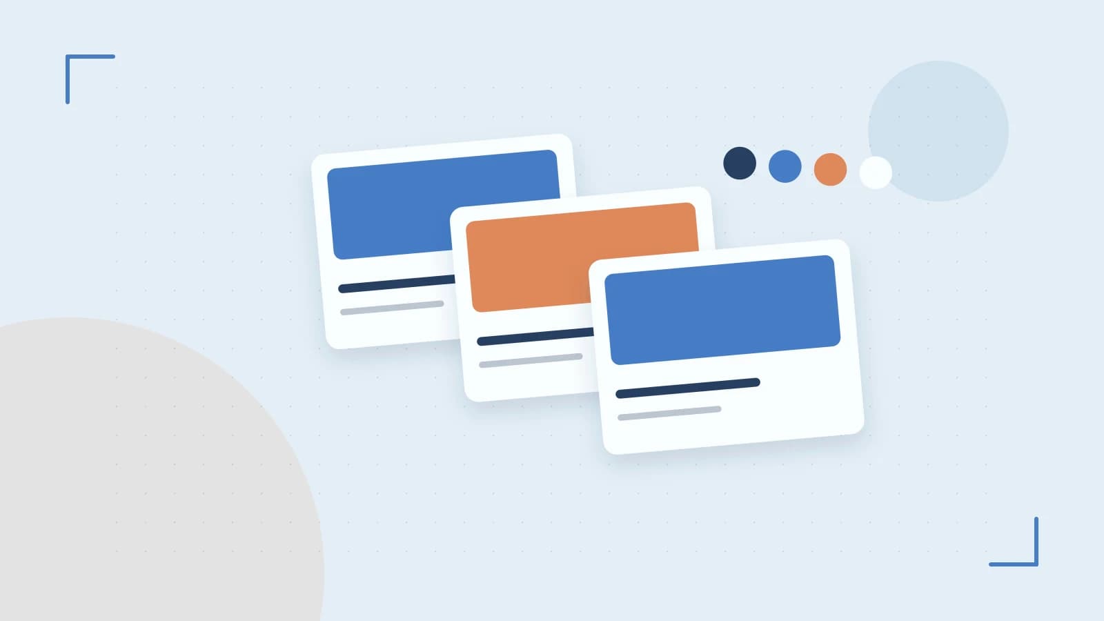 Editorial illustration of responsive browser layouts, overlapping design components and a color system