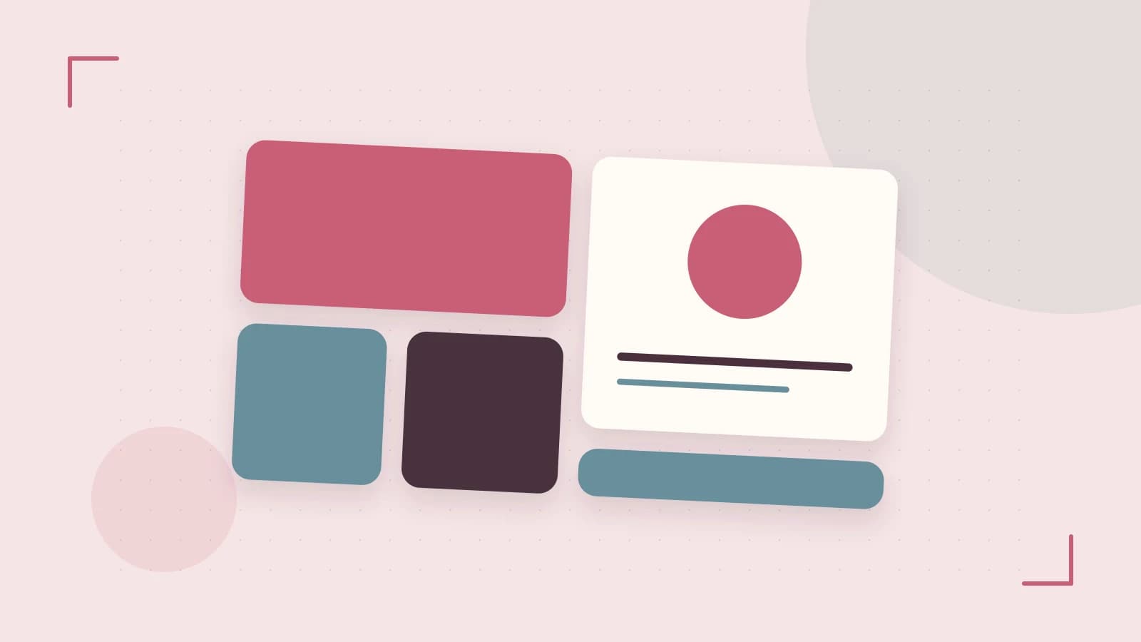 Editorial illustration of responsive browser layouts, overlapping design components and a color system