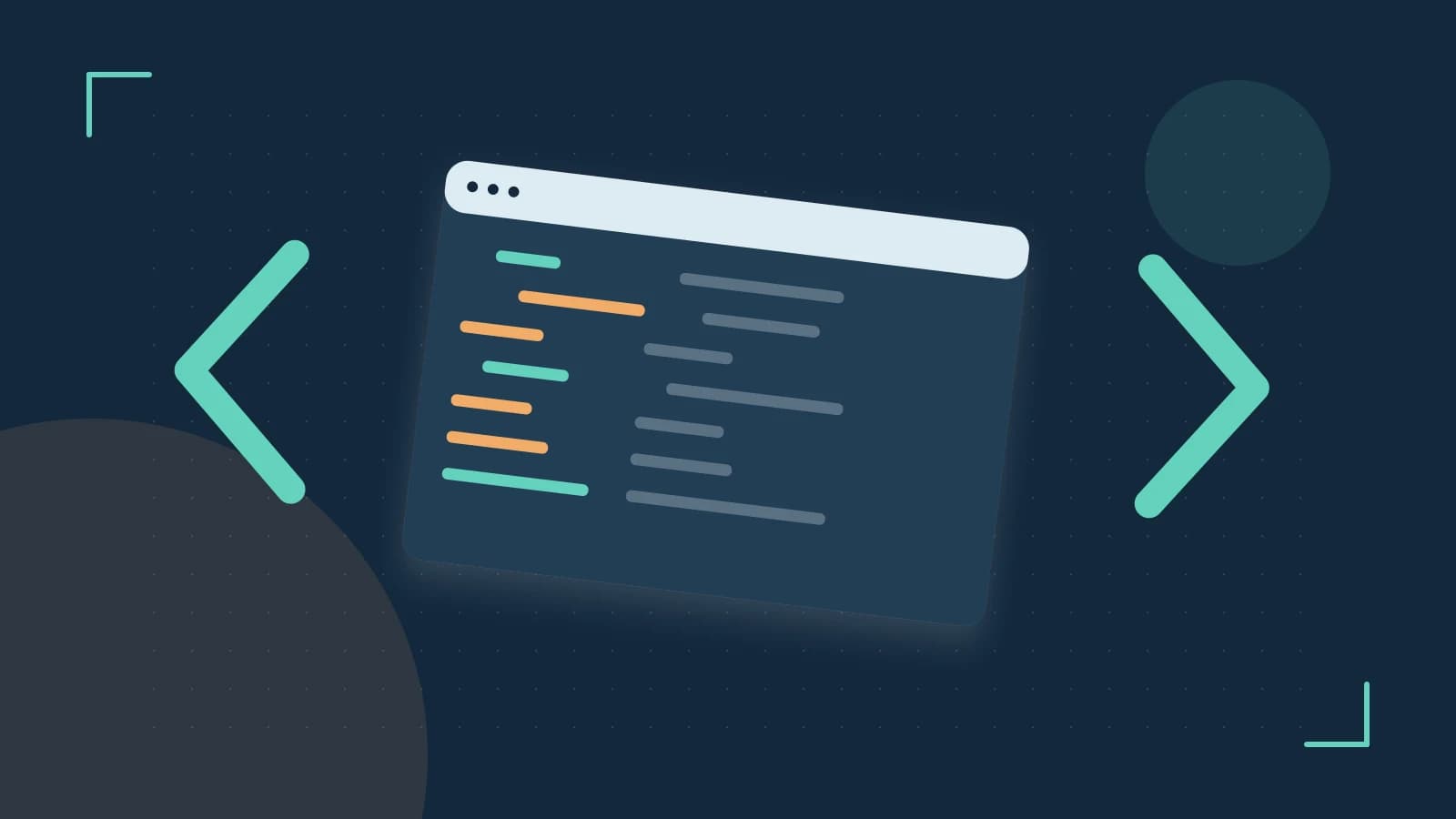 Editorial illustration of an abstract code editor, syntax blocks and oversized programming brackets