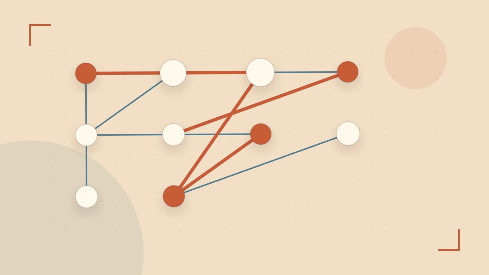 Editorial illustration of an algorithmic node graph with branching paths and a highlighted result