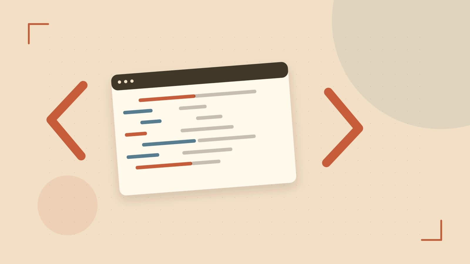 Editorial illustration of an abstract code editor, syntax blocks and oversized programming brackets